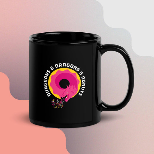 Dungeons & Dragons & Donuts Black Glossy DnD Mug